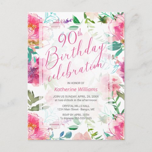 Any Age Tropical Floral Pink Peony 90th Birthday Invitation Postcard