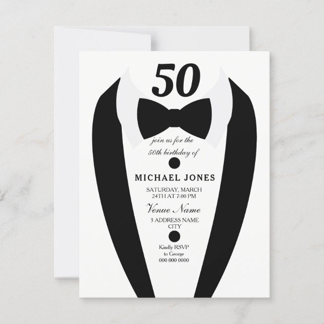 Any  Age Tuxedo Mens 50th Birthday Party Invite (Front)