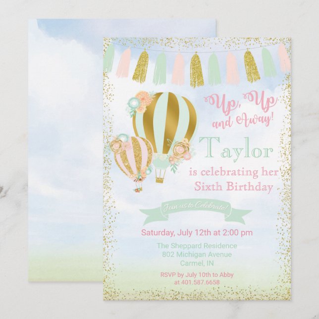 ANY AGE - Up & Away Hot Air Balloon Invitation (Front/Back)
