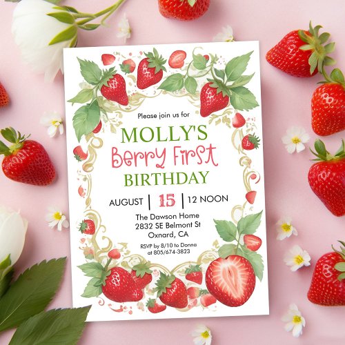 ANY AGE _ Very Berry Strawberry Birthday  Invitation
