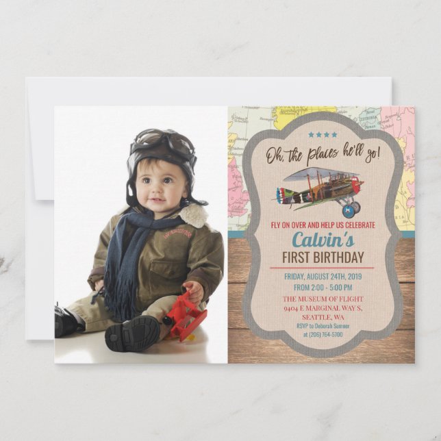 ANY AGE - Vintage Airplane Boy Birthday Invitation (Front)