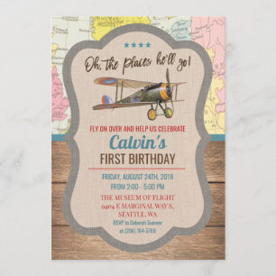 ANY AGE - Vintage Airplane Boy Birthday Invitation