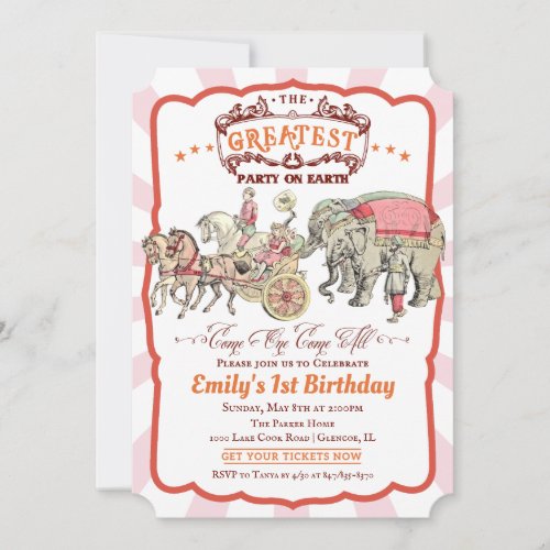 ANY AGE - Vintage Circus Birthday Invitation - Get your guests ready for a party under the big top by sending out this girlish pink vintage inspired circus birthday invitation.
