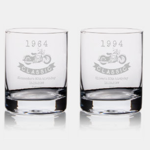 Any Age Vintage Classic Motorcycle Biker Birthday Rocks Glass