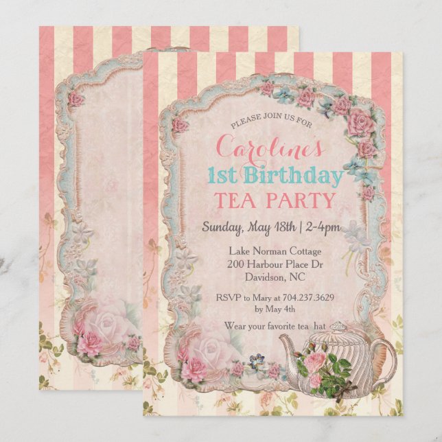 ANY AGE - Vintage Floral Tea Birthday Invitation (Front/Back)
