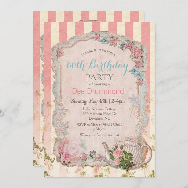 ANY AGE - Vintage Floral Tea Birthday Invitation (Front/Back)