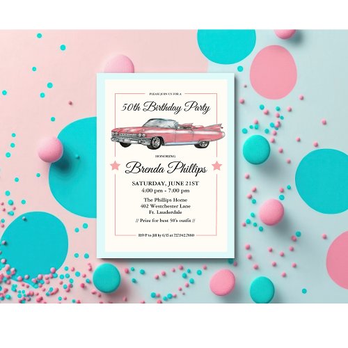 ANY AGE _ Vintage Pink Car Birthday Party Invitation