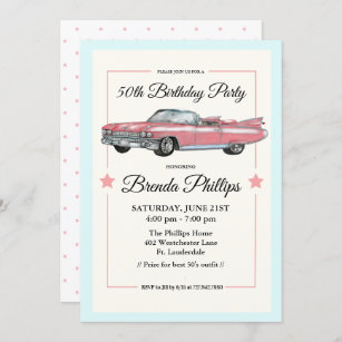 ANY AGE - Vintage Pink Car Birthday Party Invitation