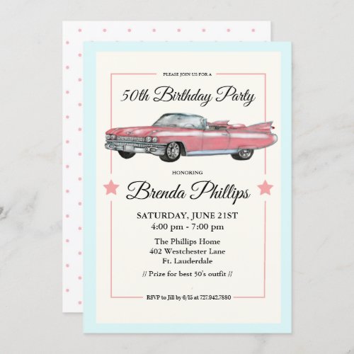 ANY AGE _ Vintage Pink Car Birthday Party Invitation