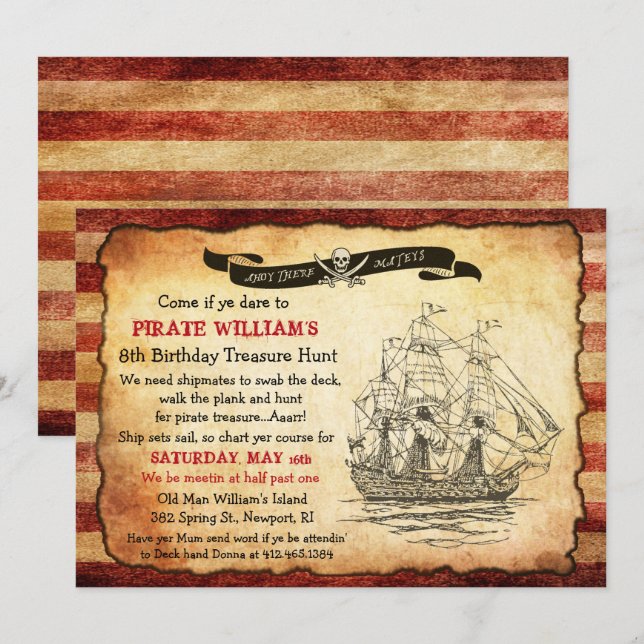 ANY AGE - Vintage Pirate Birthday Party Invitation (Front/Back)