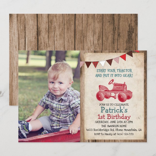 ANY AGE - Vintage Tractor Boy Birthday Invitation (Front/Back)