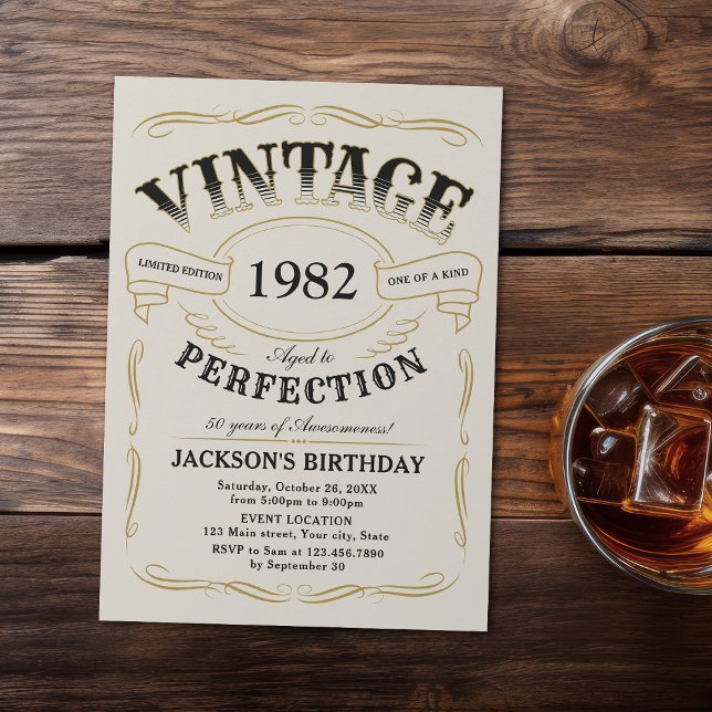 Any Age Vintage Whiskey Themed Birthday Invitation (Any Age Whiskey themed surprise 50th birthday Invitation gold beige)