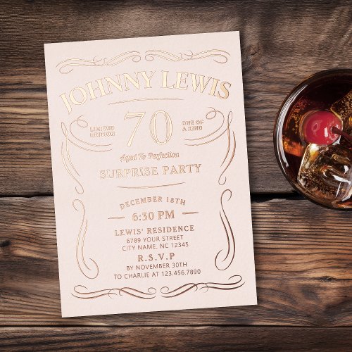 Any age vintage whiskey themed rose gold birthday  foil invitation