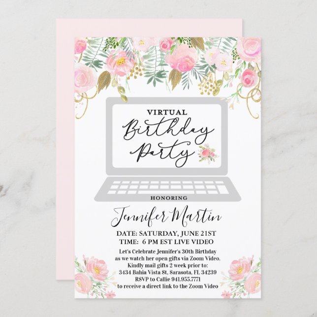 ANY AGE - Virtual Birthday Party Floral Invitation (Front/Back)