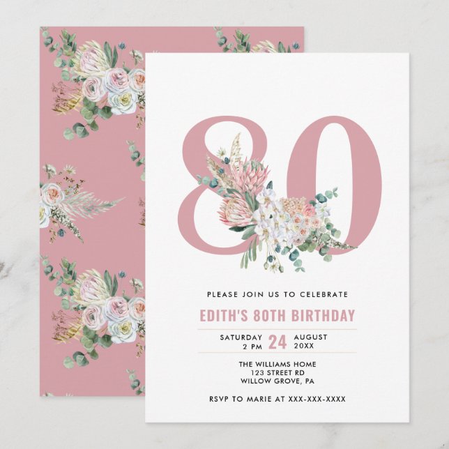 Any Age Watercolor Floral Pink 80th Birthday  Invitation (Front/Back)