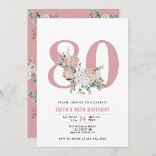 Any Age Watercolor Floral Pink 80th Birthday Invitation