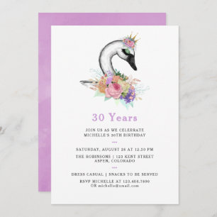 Any Age Watercolor Swan Floral Birthday Party Invitation