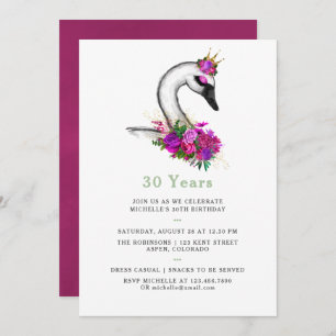 Any Age Watercolor Swan Floral Birthday Party Invitation