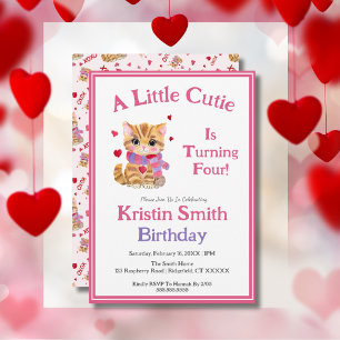 ANY AGE Watercolor Valentine's Day Kitty Birthday Invitation
