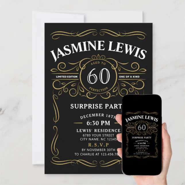 Any Age Whiskey Themed Surprise 60th Birthday Invitation 