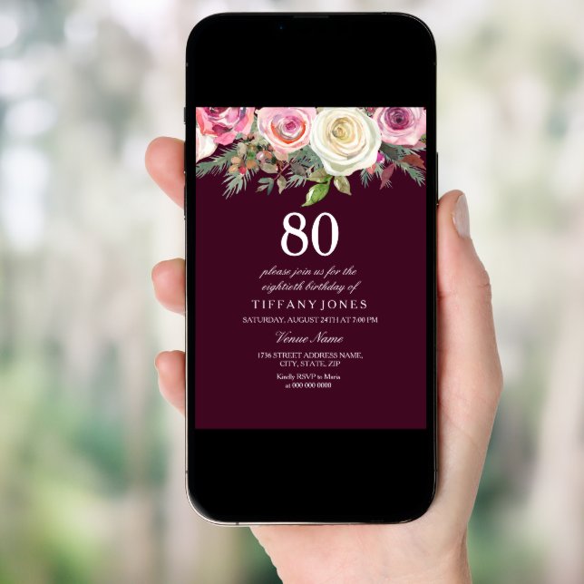 Any Age White Pink Rose Burgundy Birthday Invite (Front Digital)