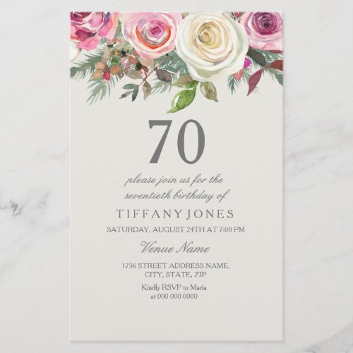 Any Age White Rose Floral 70th Birthday Invitation