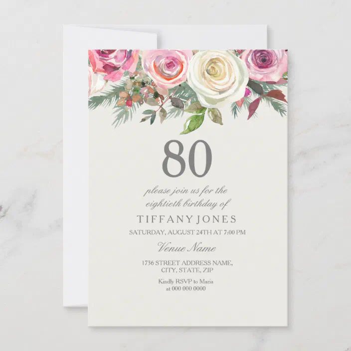 Any Age White Rose Floral 80th Birthday Invite Zazzle Com