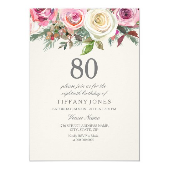 any age white rose floral 80th birthday invite zazzle com