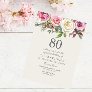 Any Age White Rose Floral 80th Birthday Invite