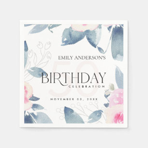 ANY AGE WHITE SOFT BLUSH BLUE FLORAL 5OTH BIRTHDAY NAPKINS