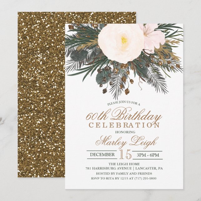 ANY AGE Winter Floral Glitter Birthday Invitation (Front/Back)