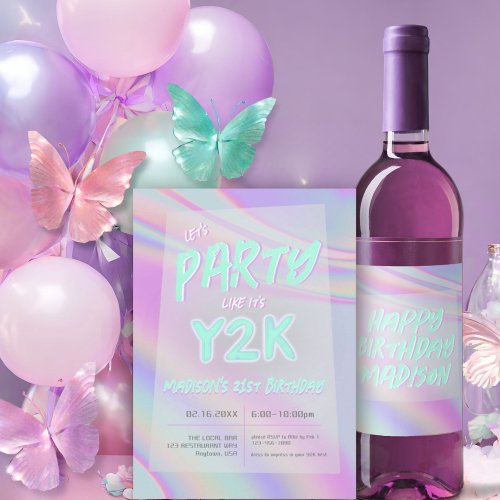 ANY AGE Y2K iridescent rainbow birthday party Invitation