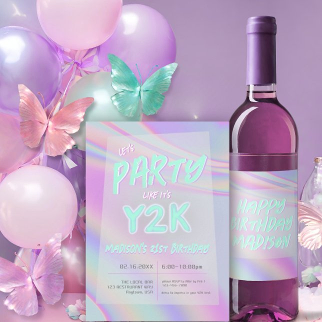 ANY AGE Y2K iridescent rainbow birthday party Invitation (Creator Uploaded)