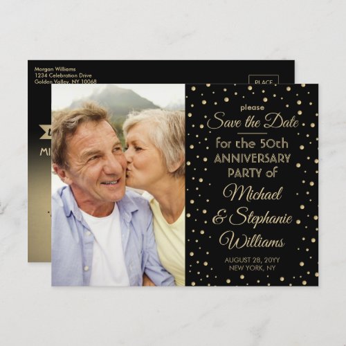 ANY Anniversary 1 Photo Black  Gold Save the Date Invitation Postcard