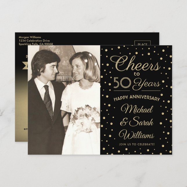 ANY Anniversary 1 Photo Cheers Black & Gold Party Invitation Postcard (Front/Back)