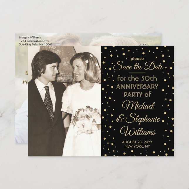 ANY Anniversary 2 Photo Black & Gold Save the Date Invitation Postcard (Front/Back)