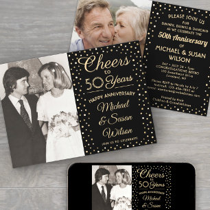 ANY Anniversary 2 Photo Cheers Black & Gold Party Invitation