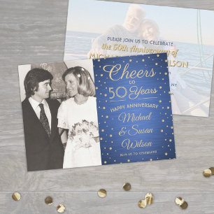 ANY Anniversary 2 Photo Cheers Blue and Gold Party Invitation