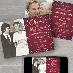 ANY Anniversary 2 Photo Cheers Burgundy Gold Party Invitation