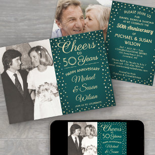 ANY Anniversary 2 Photo Cheers Green & Gold Party Invitation
