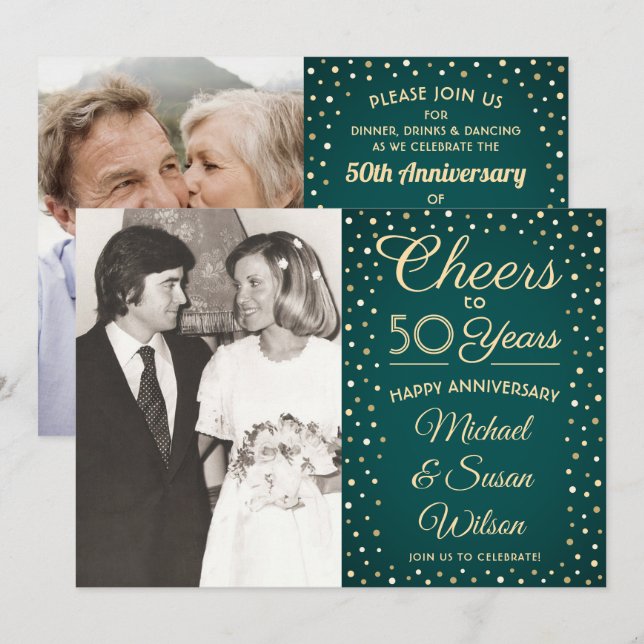 ANY Anniversary 2 Photo Cheers Green & Gold Party Invitation (Front/Back)
