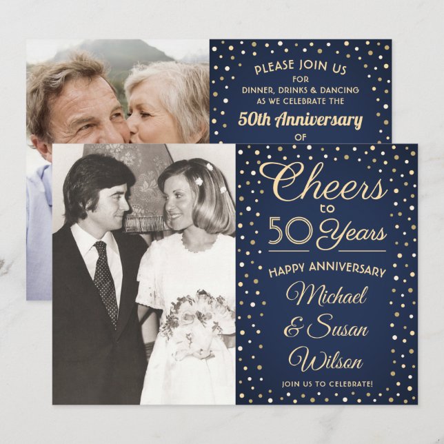 ANY Anniversary 2 Photo Cheers Navy and Gold Party Invitation (Front/Back)
