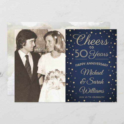 ANY Anniversary 2 Photo Cheers Navy and Gold Party Invitation