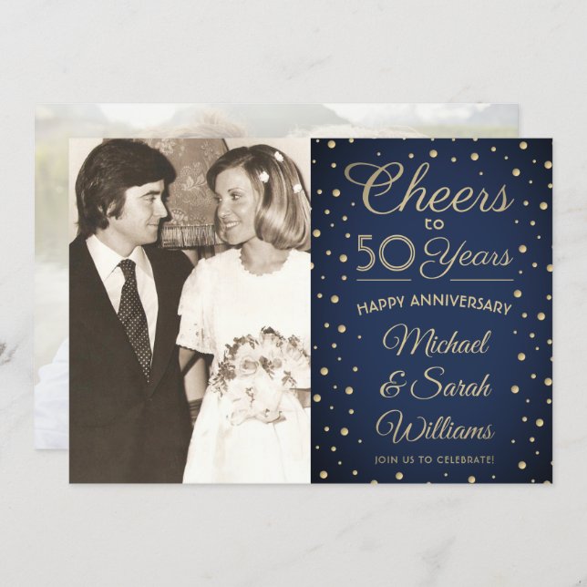 ANY Anniversary 2 Photo Cheers Navy and Gold Party Invitation (Front/Back)