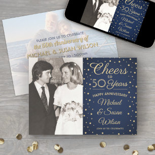 ANY Anniversary 2 Photo Cheers Navy and Gold Party Invitation
