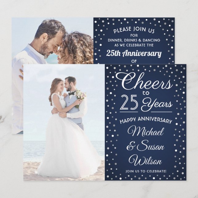 ANY Anniversary 2 Photo Cheers Navy & White Party Invitation (Front/Back)