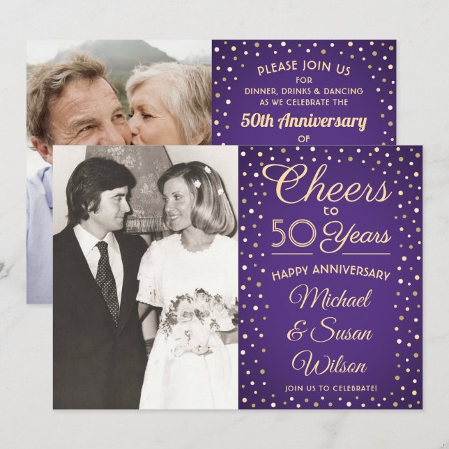 ANY Anniversary 2 Photo Cheers Purple & Gold Party Invitation (Front/Back)