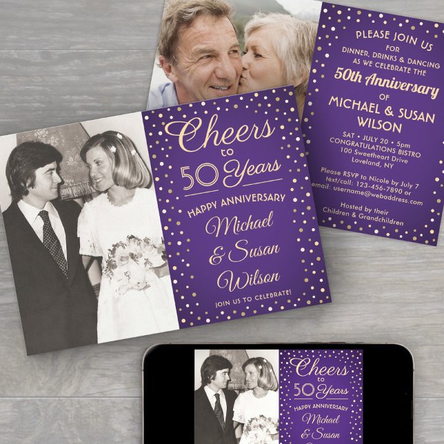 ANY Anniversary 2 Photo Cheers Purple & Gold Party Invitation (Creator Uploaded)