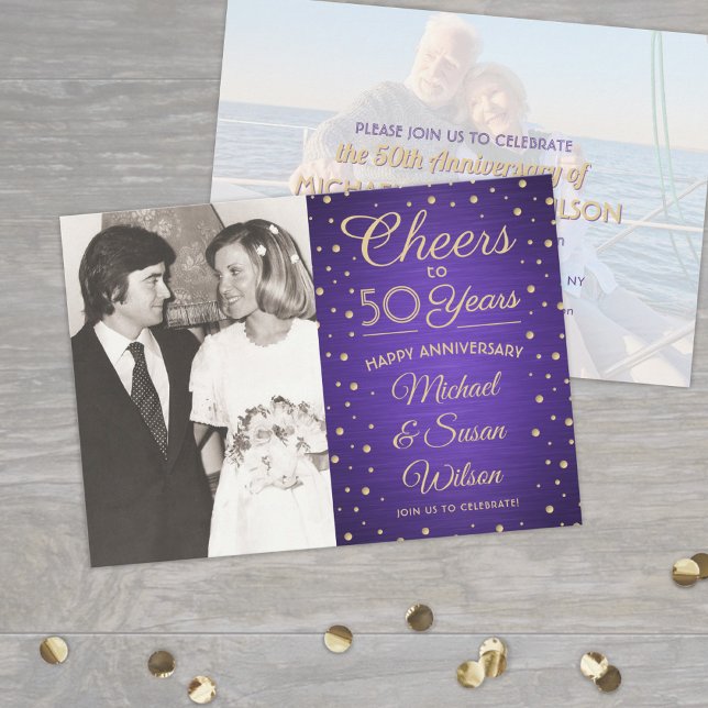 ANY Anniversary 2 Photo Cheers Purple & Gold Party Invitation (Creator Uploaded)