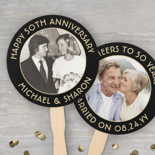ANY Anniversary 2 Photo Elegant Black & Gold Round Hand Fan